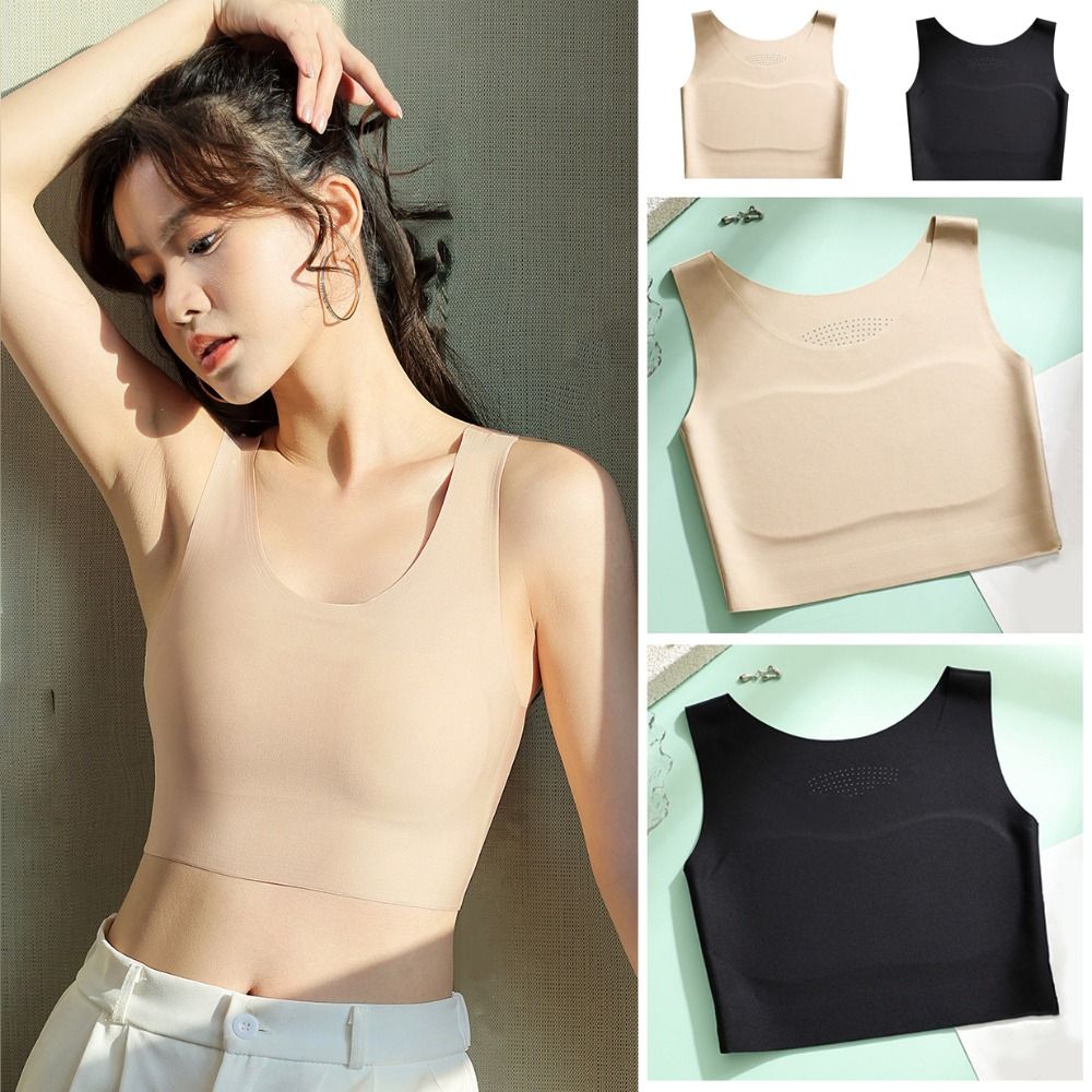 Plunge Bra Push Up - 女性用アイスシルクシームレスワイヤレスビスチェ、Uネックスリムフラットチェストブラ、シンプルなランジェリー下着